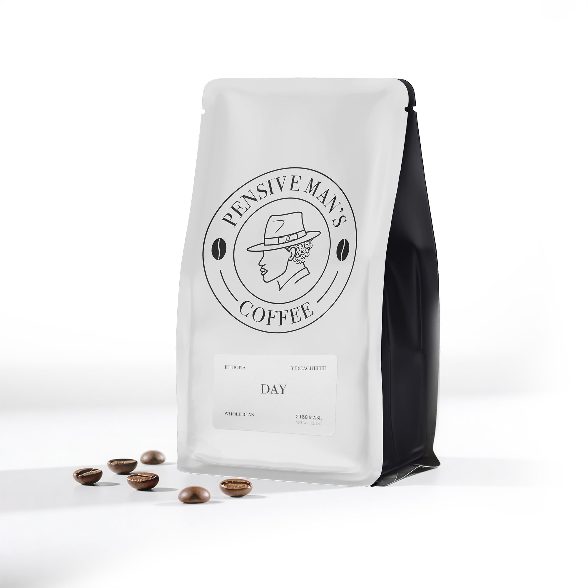 Coffee bag with 'Pensive Man's Coffee' branding on a white background