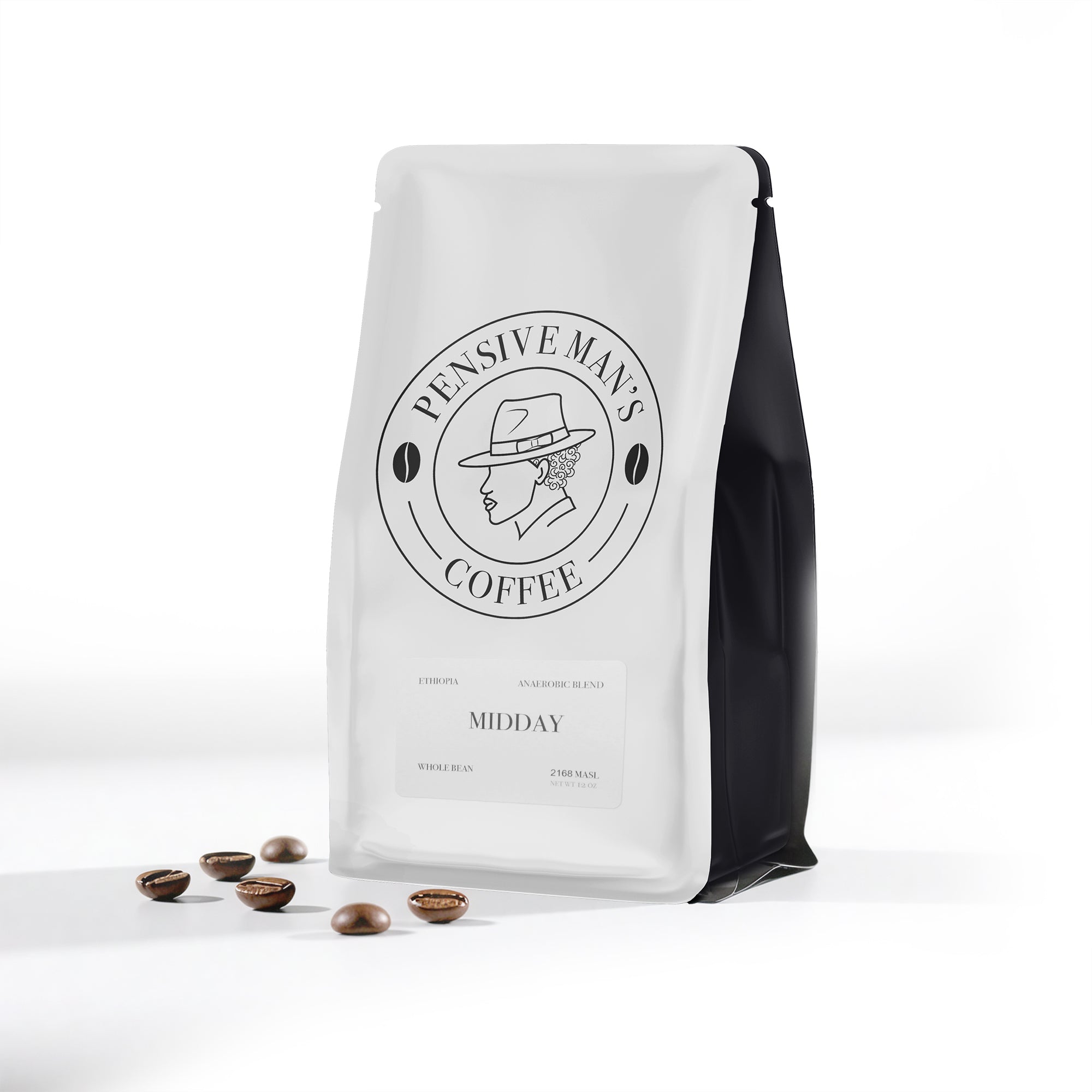 Coffee bag with 'Pensive Man's Coffee' branding on a white background