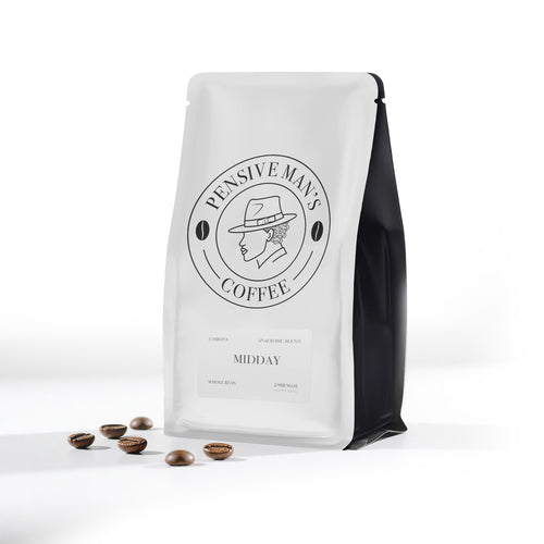 Coffee bag with 'Pensive Man's Coffee' branding on a white background